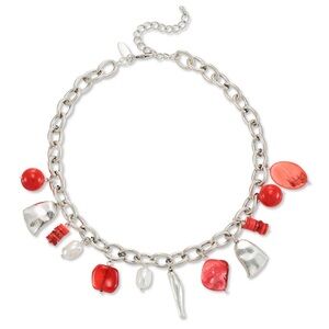 Stunning mixed metal and dangling beaded necklace in silver tone, coral and red